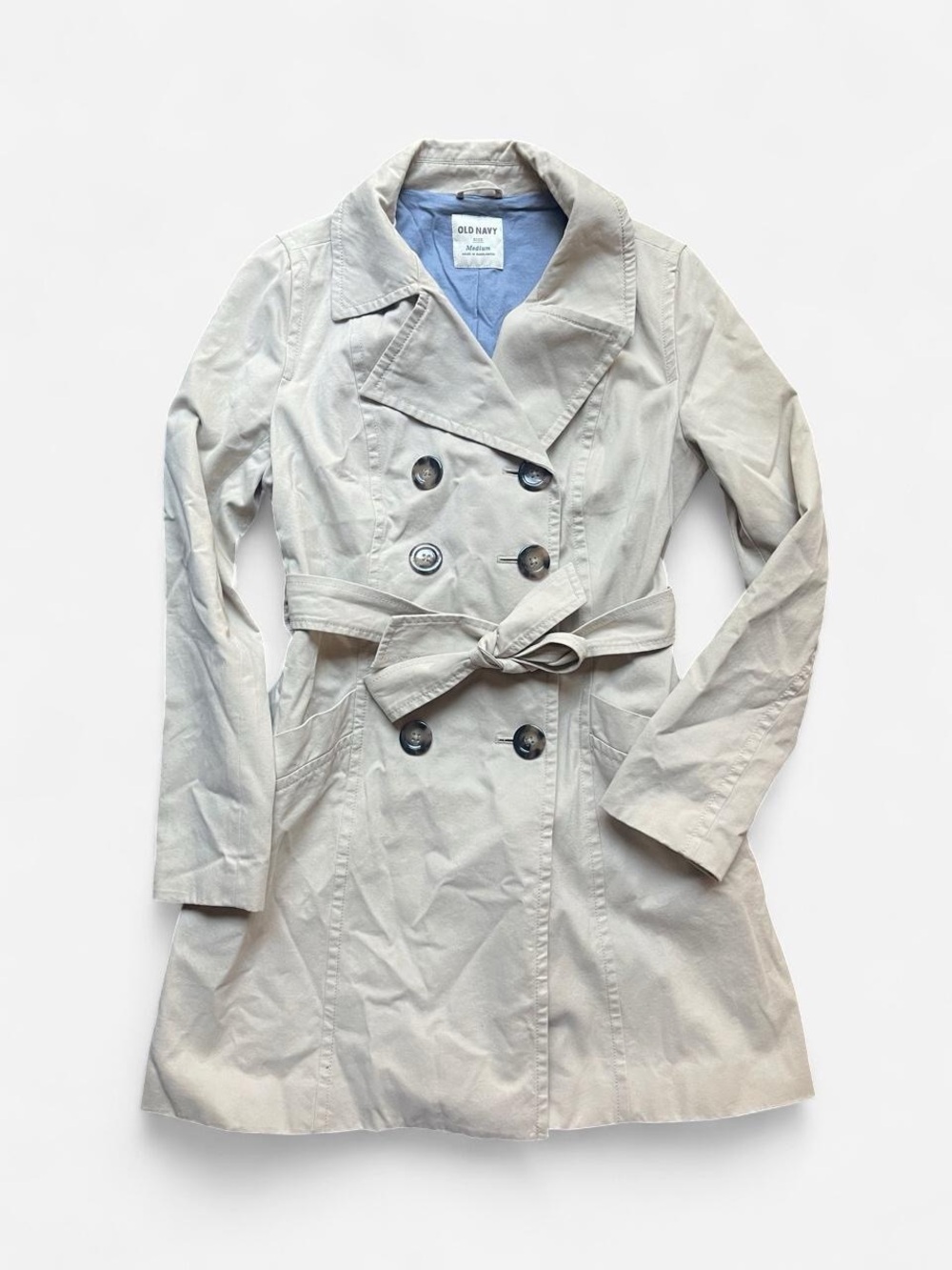 Old Navy 2010 Khaki Tie-Belt Mid Length Trench Coat w Pockets Sz M